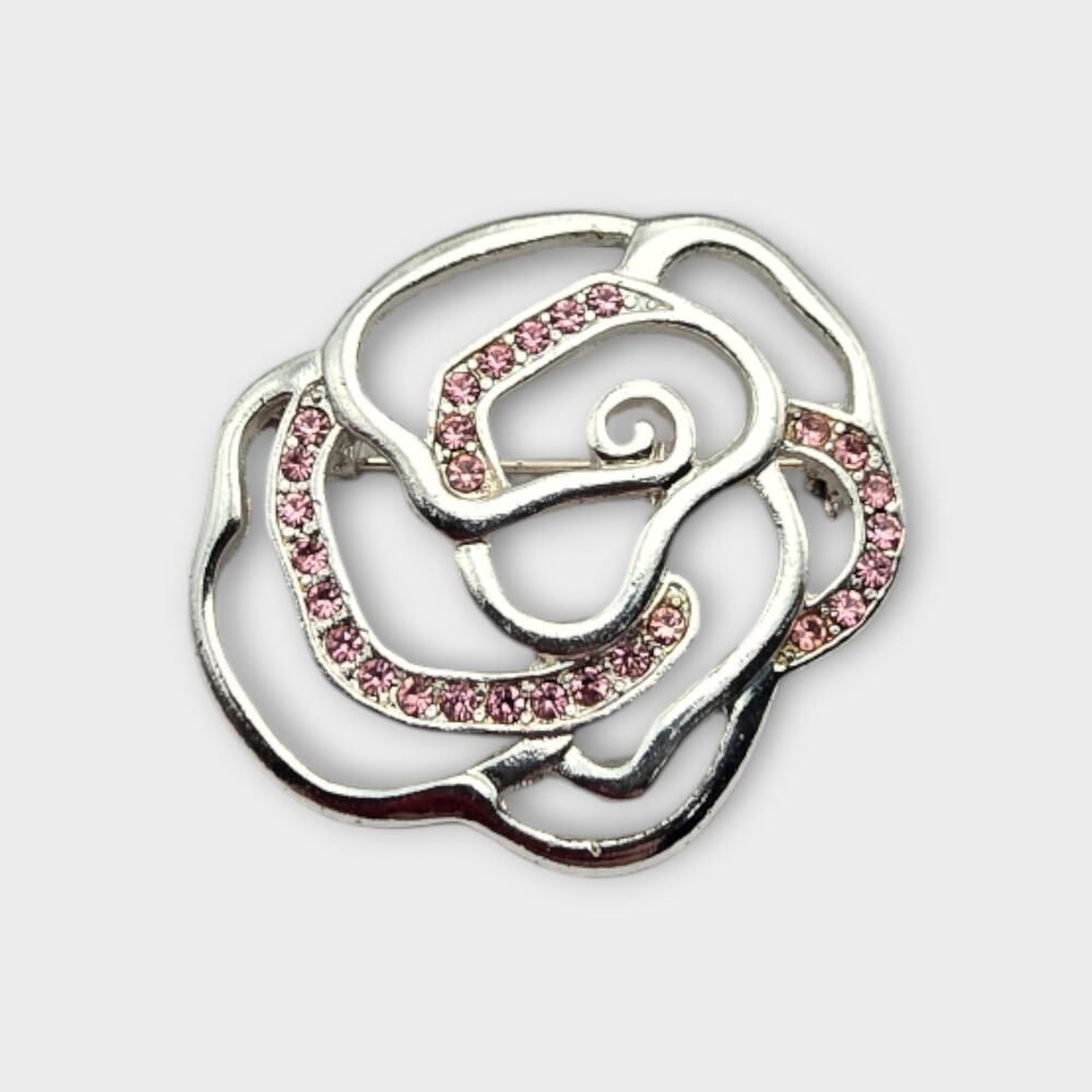 Rose Pink Rhinestone Brooch Floral Openwork Pin - Romantic Heirloom